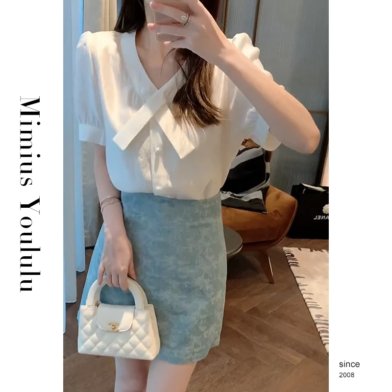 【mimius】&七七【塞纳晚风】法式飘带气质衬衫+高腰提花裙裤F06499