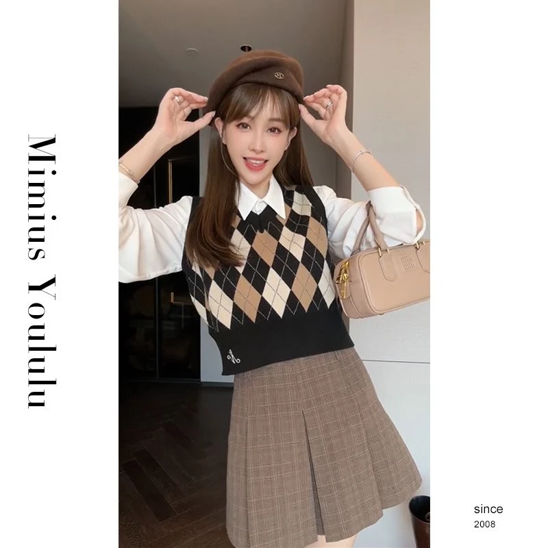 【mimius】&喵喵【里摩画廊】学院风菱形格纹羊 毛针织马甲WF07102