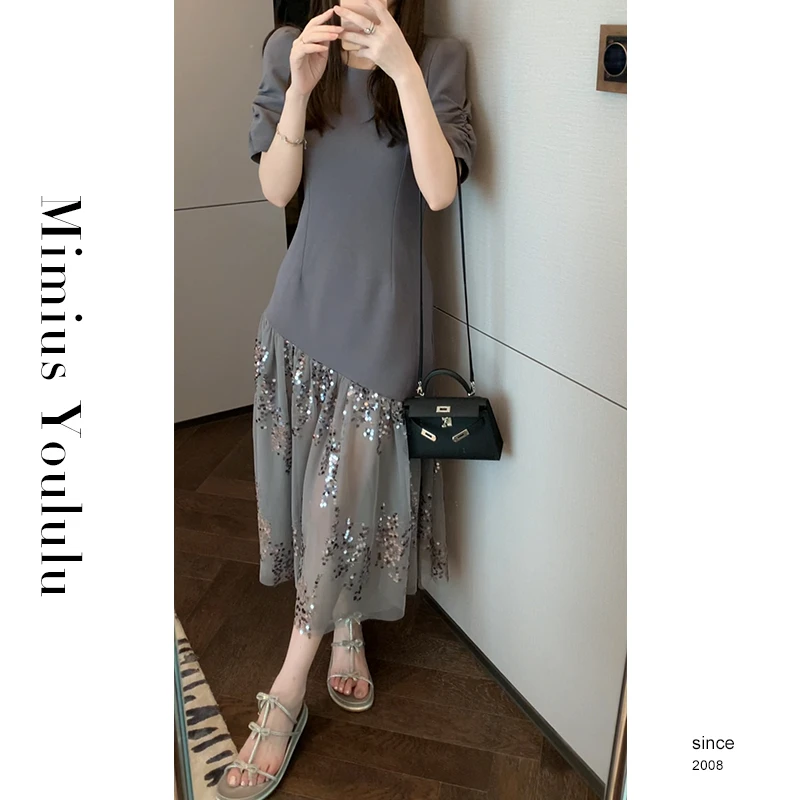 【mimius】江江【雅典小姐】轻奢重工亮片拼接气质连衣裙 F06486