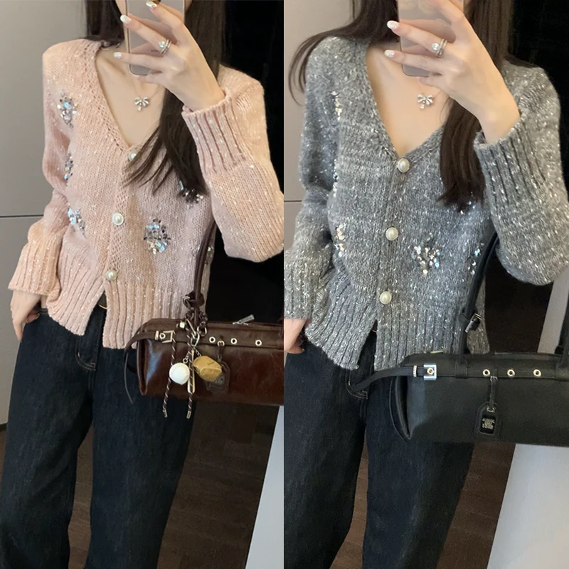 【mimius】B游鹿鹿 花纱亮片刺绣羊 毛开衫V领珍珠扣毛衣 WF08138