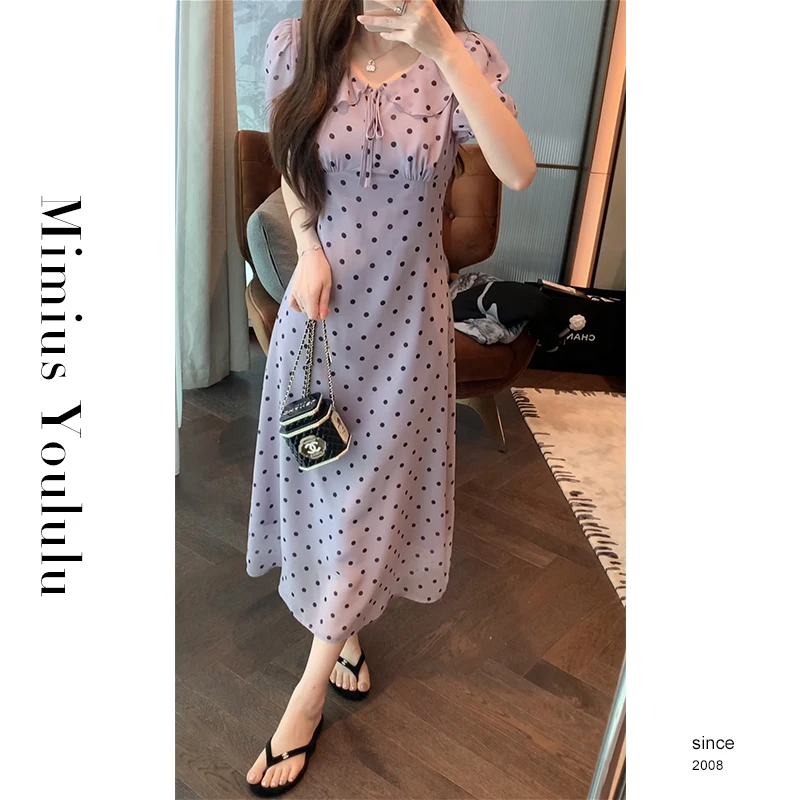 【mimius】橘子【香芋半糖】温柔风娃娃领波点连衣裙 F06135