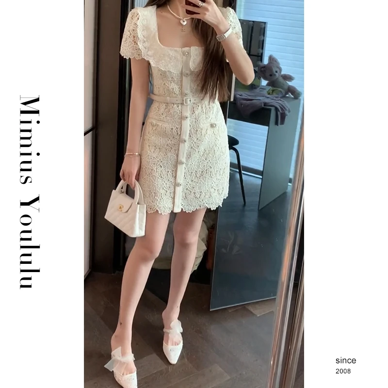 【mimius】游鹿鹿【甜茶】 重工蕾丝短款清凉连衣裙（含腰带）F03237