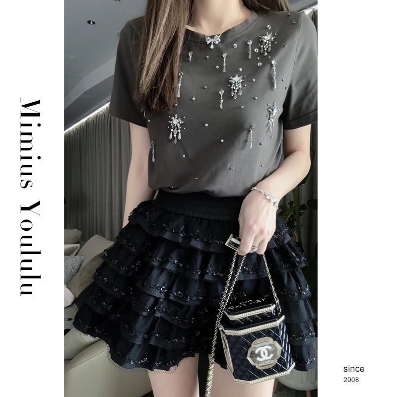 【mimius】&喵喵  艺术品全手工缝制水晶T恤 F07338