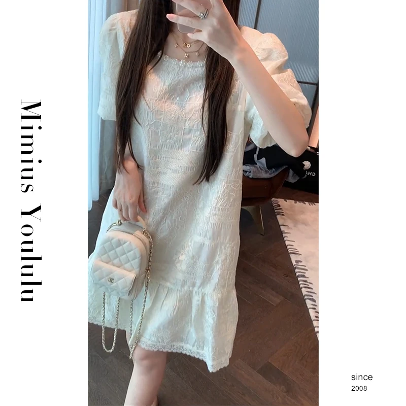 【mimius】小野【豆蔻白茶】珍珠圆领泡泡袖连衣裙 F06171