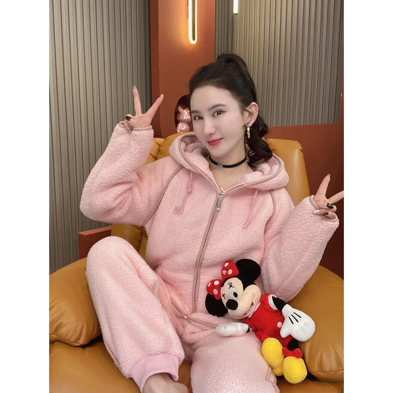 女款冬季新款睡衣加绒加厚连帽北羔绒套装百搭家居服时尚套装