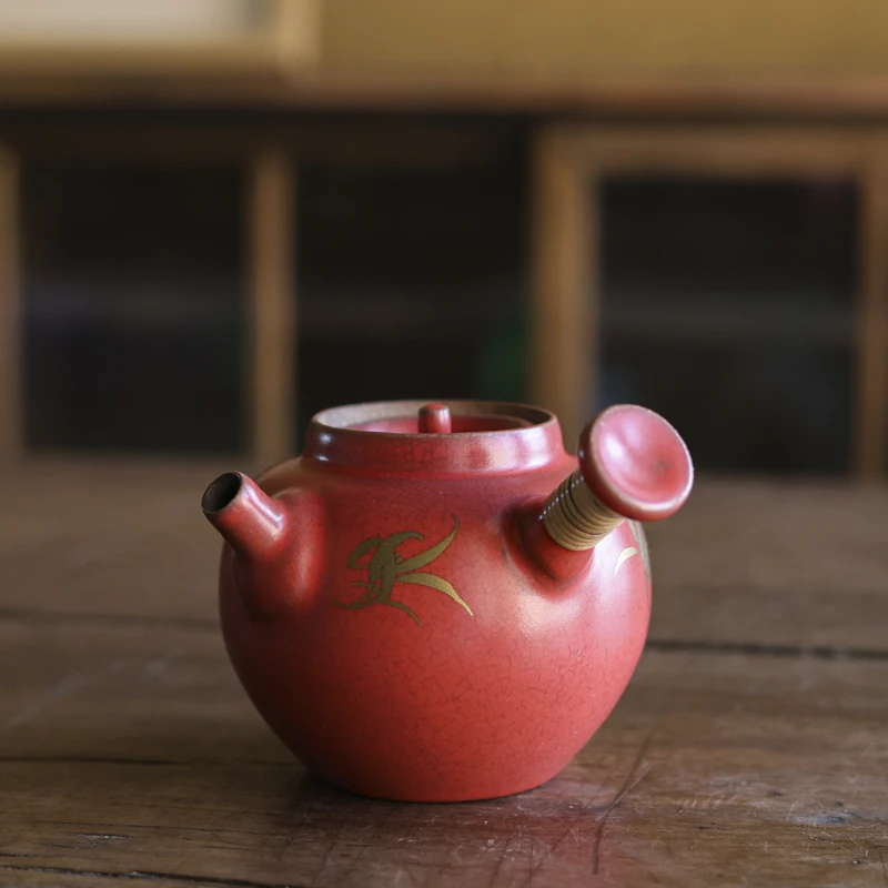 【小田甄陶】山楂红金彩兰花-梵山堂-珠圆小品壶-180CC（W0016）