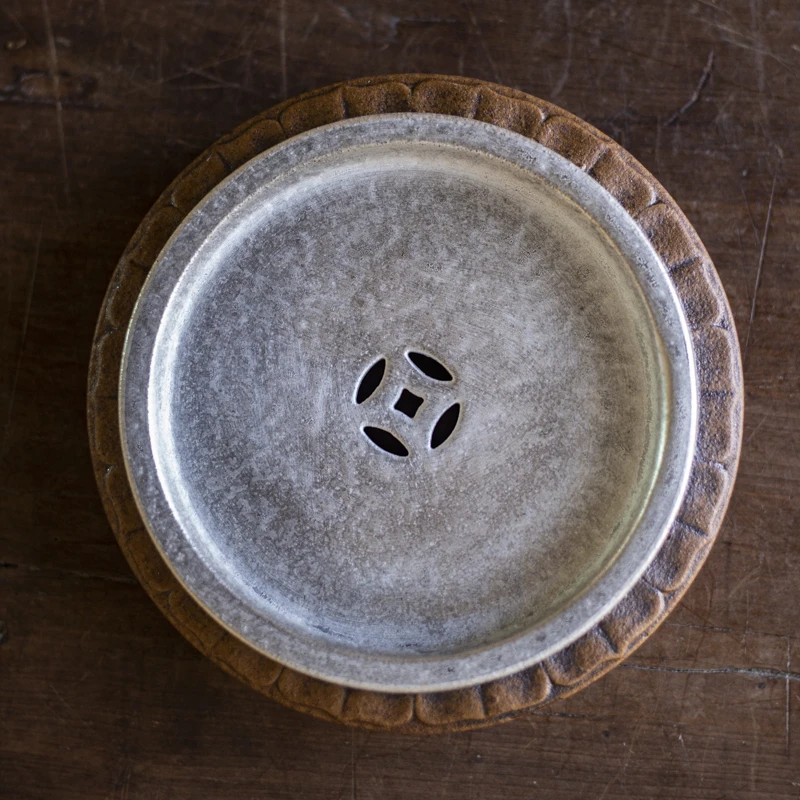 【小田甄陶】灰念酱釉半边莲壶承（Q0502）直径14cm*高3cm家用