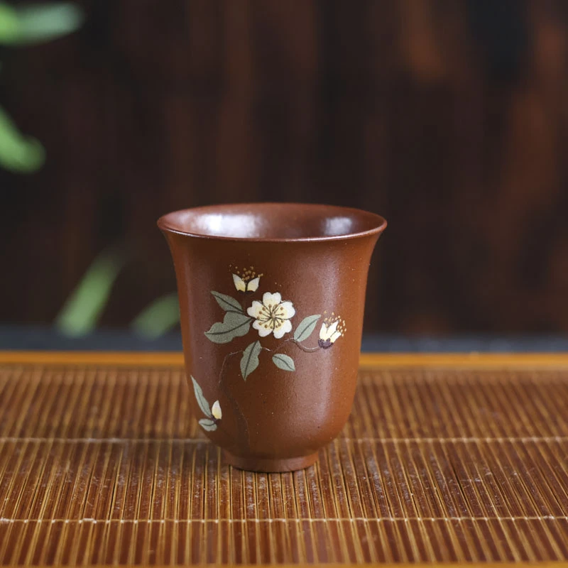 【小田甄陶】朱泥-观羽-花卉杯-50CC（观羽0295）