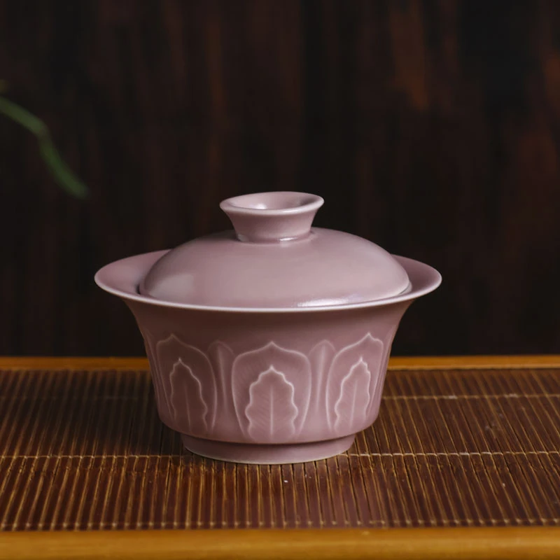 【小田甄陶】烟紫芭蕉叶盖碗（Q5231）