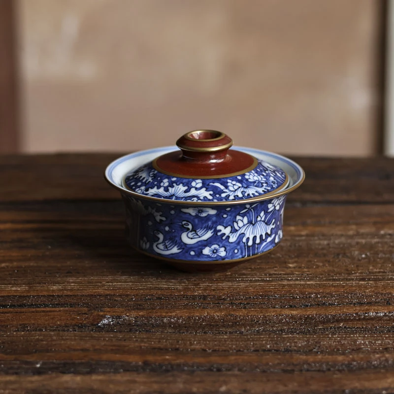 【小田甄陶】红金花-华隐堂-青花一鹭莲科盖碗（华隐S0494）