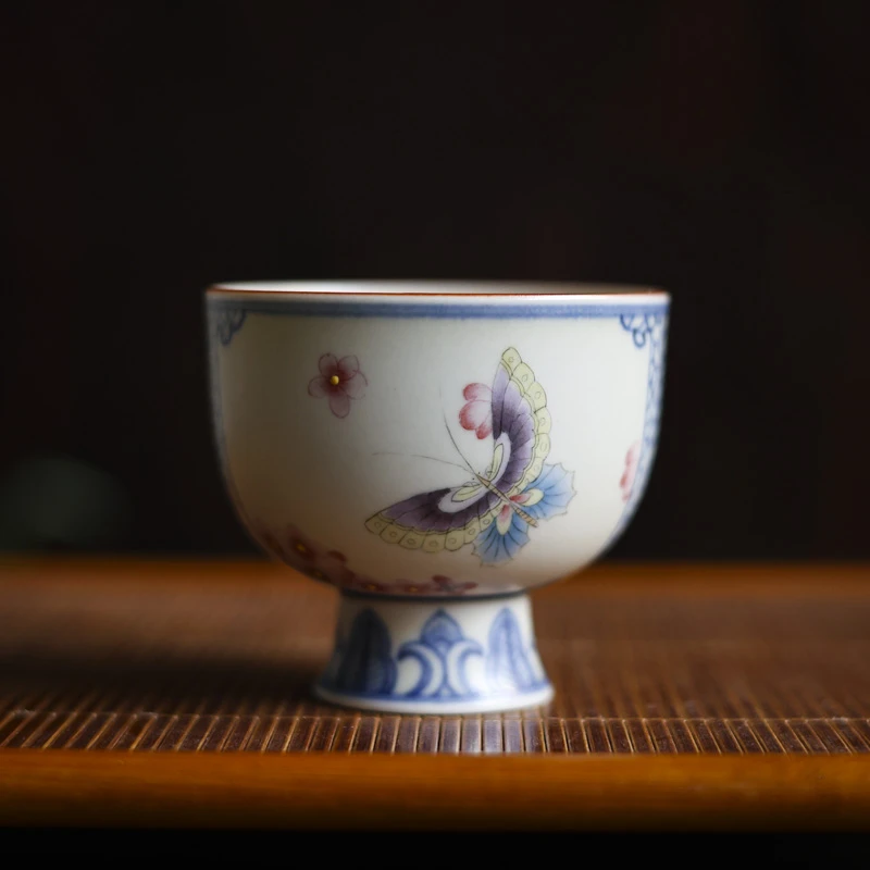 【九姐爱喝茶】开窗彩蝶桃花-墨冉-高脚直口杯-110CC(新墨冉0296)