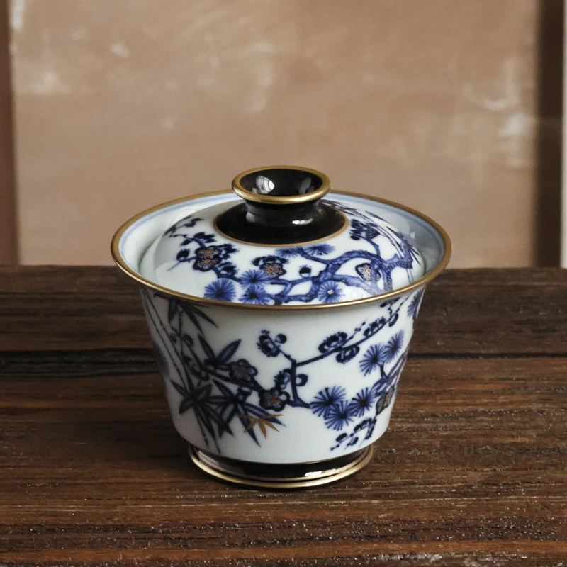 【小田甄陶】玄色-华隐堂-松竹梅盖碗-110cc（华隐S0404）