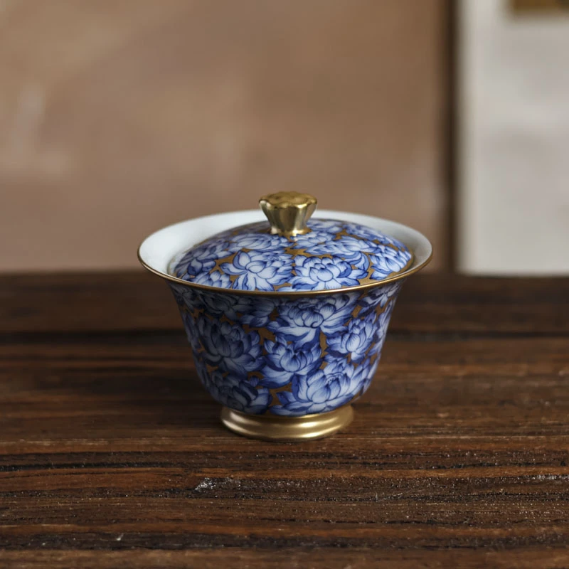 【小田甄陶】华隐堂-金地青花以和为贵盖碗（华隐S0485）