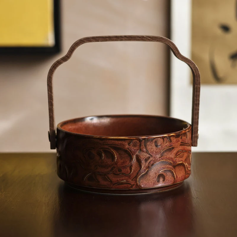 【小田甄陶】红金釉12公分-祥云提梁果盘（Q3744）