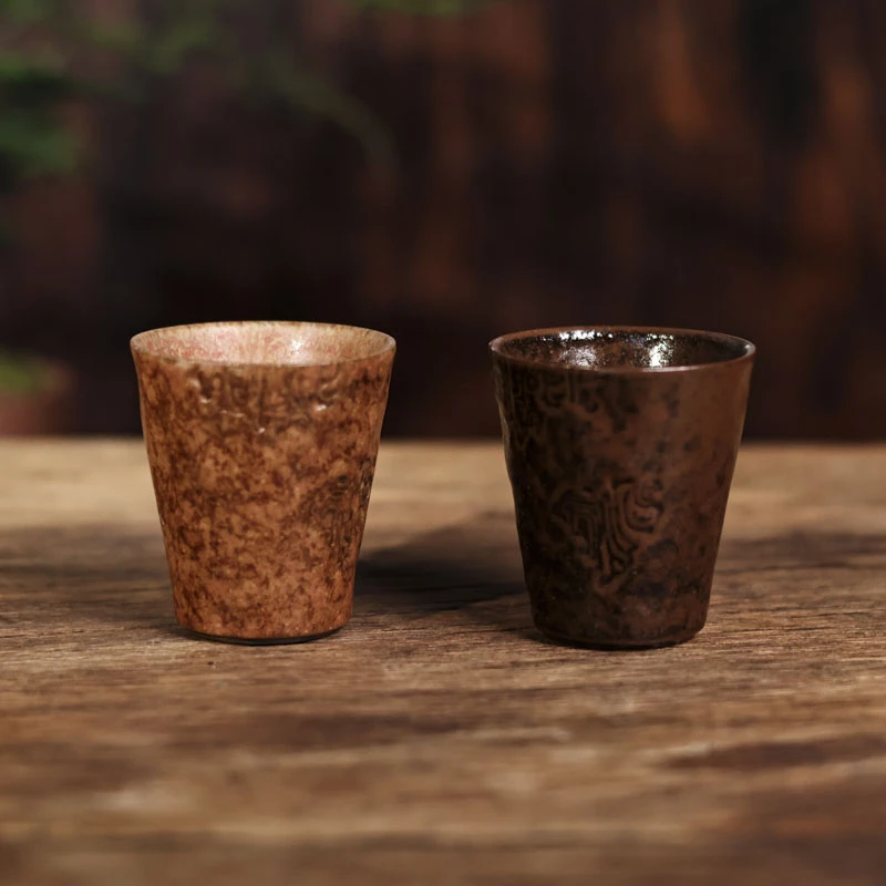 【小田甄陶】铁锈红青铜纹主人杯-不描银T（灰念0012）