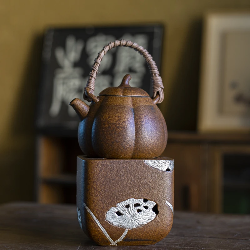 套组-南瓜提梁壶+莲藕酒精炉粗陶小田月月茶道器具
