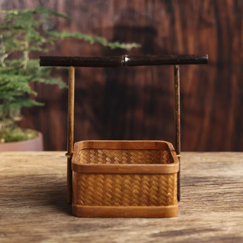 【小田甄陶】大漆紫竹把手方形点心盒（云南Q0195）