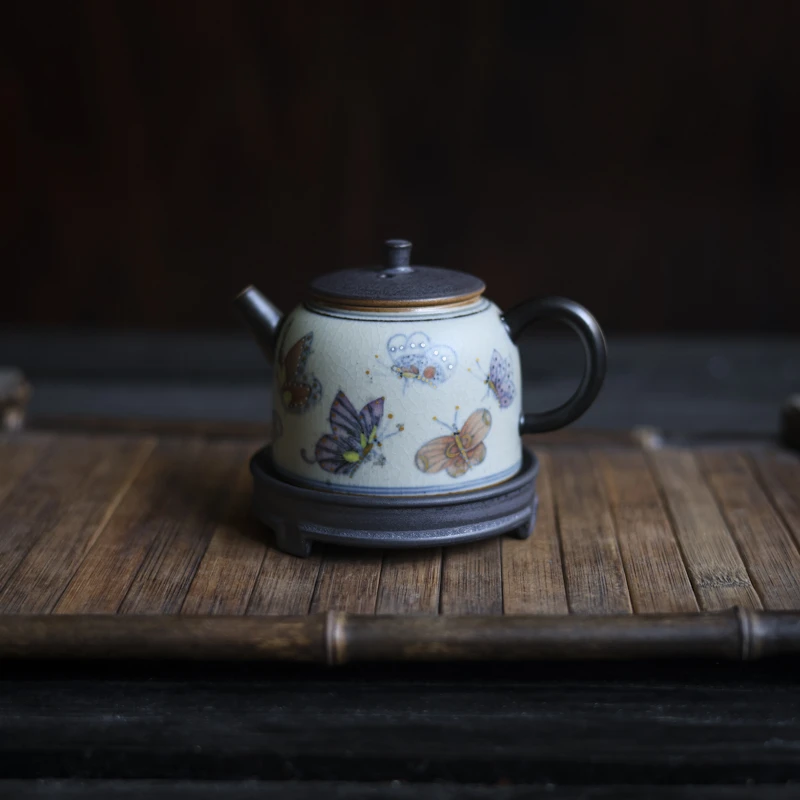 【小田甄陶】描金蝴蝶平底壶(110ml)（朴壶0104）