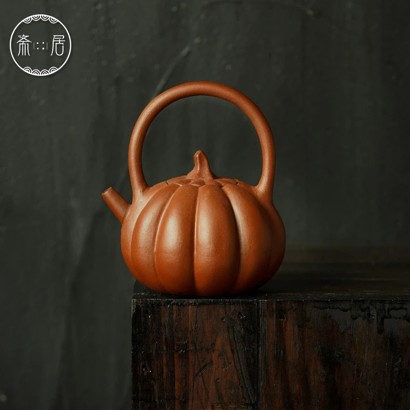 【小田甄陶】半斋小红泥南瓜提梁壶手工煮茶壶（半斋S0048）