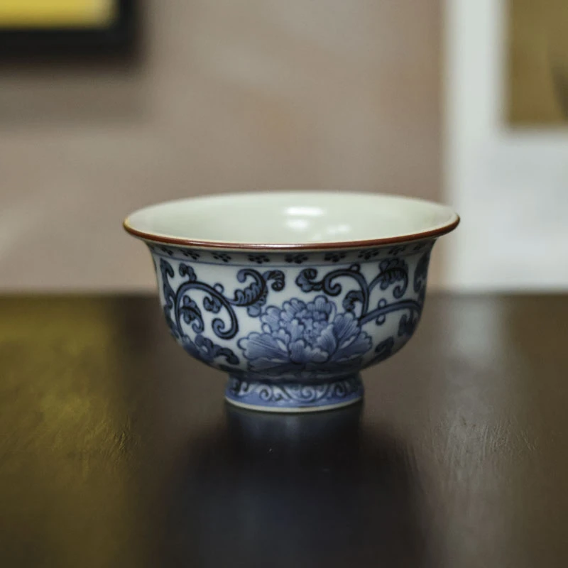 【小田甄陶】双线缠枝牡丹-墨冉-压手杯-80CC（新墨冉0032）