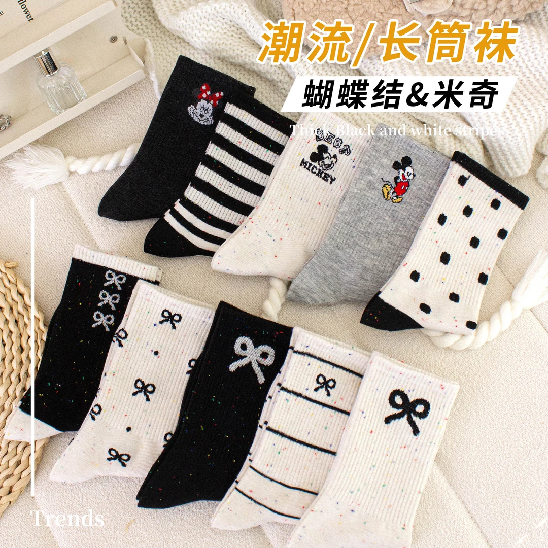 秋冬袜子女高筒袜点纱蝴蝶结可爱黑白条纹点子纱学院风卡通潮袜