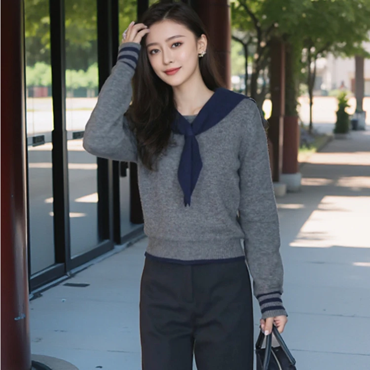 针织衫女2024年秋季新款撞色海军领气质减龄百搭套头毛衣长袖上衣