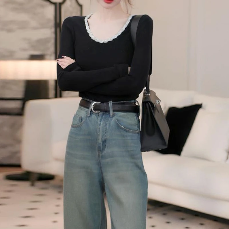 时尚气质黑色圆领修身打底针织衫毛衣女秋冬新款休闲百搭显瘦上衣