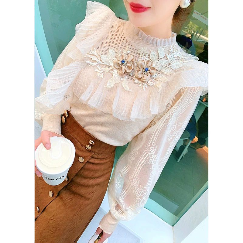 芙娜妮蕾丝针织衫刺绣重工显瘦木耳边设计感打底衫F2232240