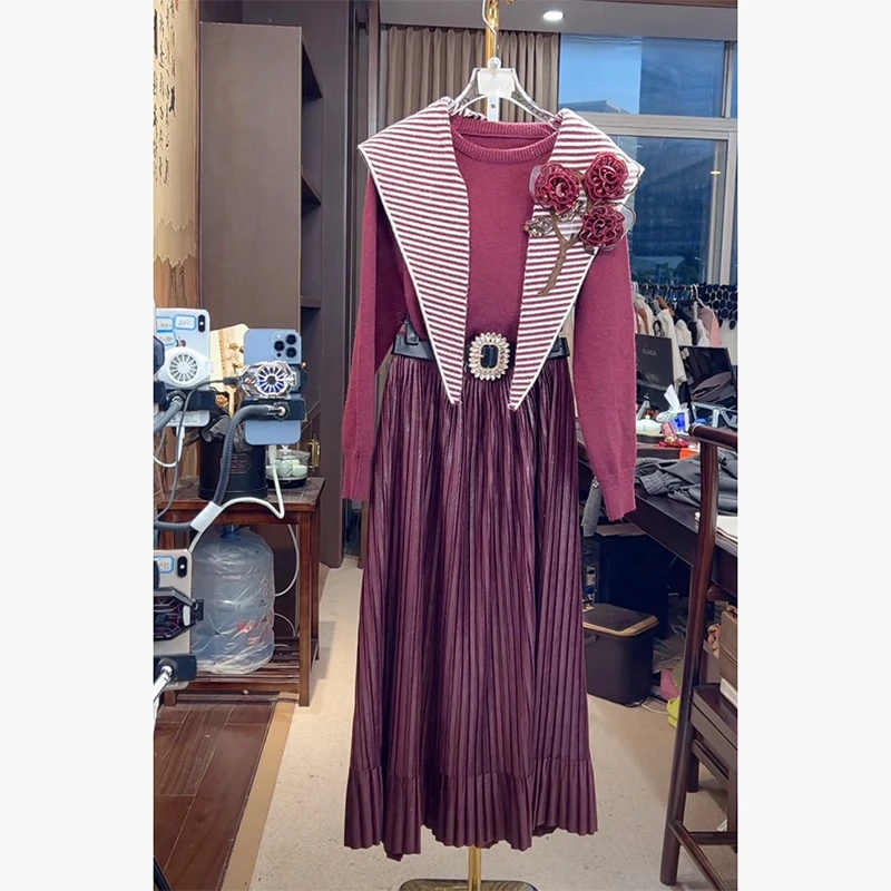 芙娜妮法式条纹裙子披肩设计感保暖上衣圆领半身裙两件套F2431784