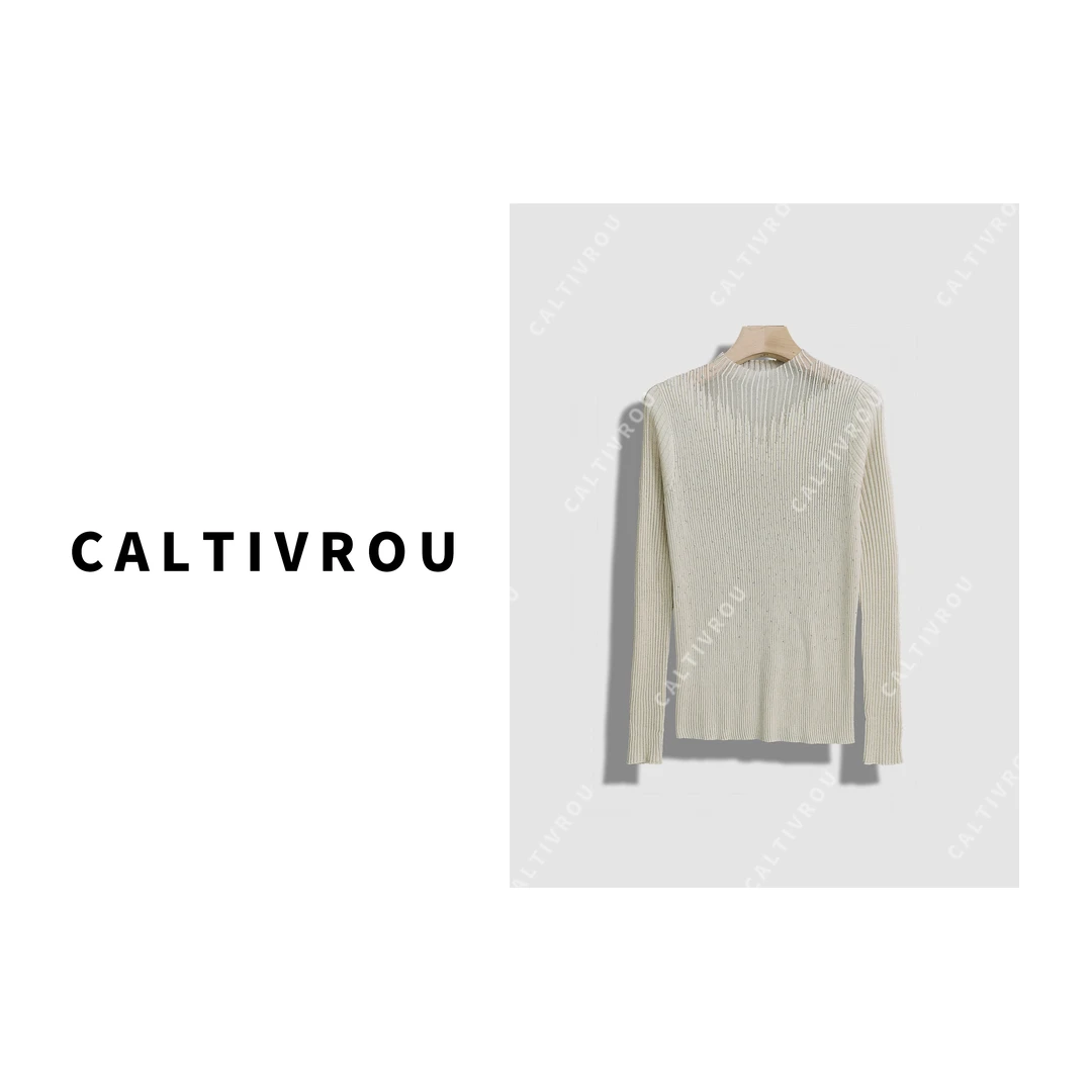 Caltivrou【蕊蕊】滨湖之恋~半高领网纱拼接烫钻显瘦针织衫-Y14299