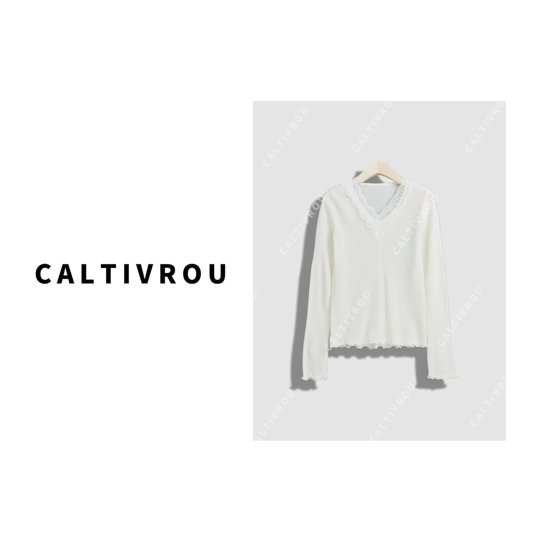 Caltivrou【现货】蕾丝拼接V领高级感针织衫-Y13290-X