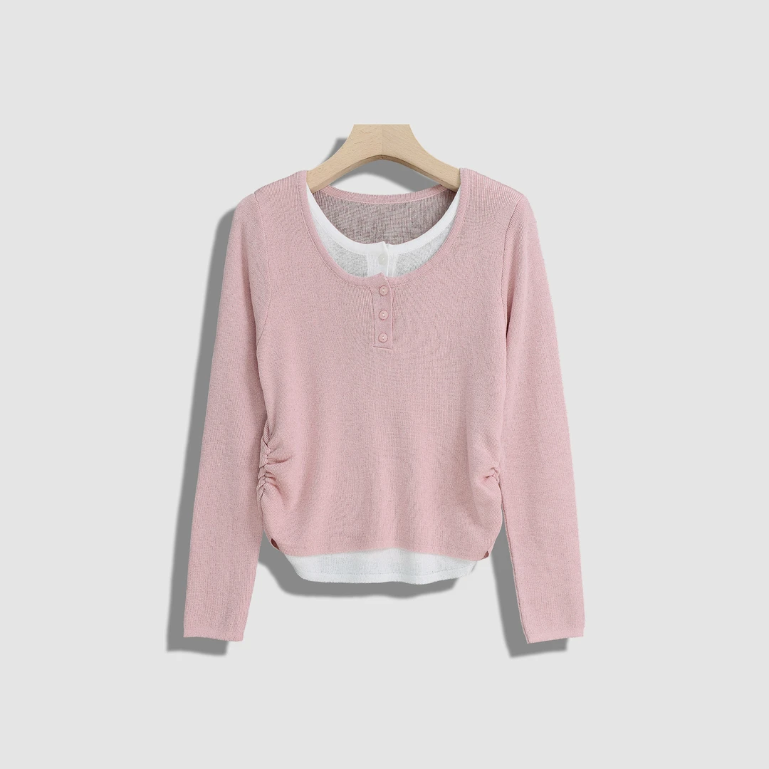 【现货】假两件长袖设计感褶皱不规则针织衫-Y11658