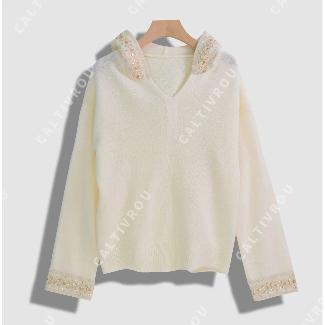 【现货】落花为信~设计感小众拼接连帽针织衫-Y12937