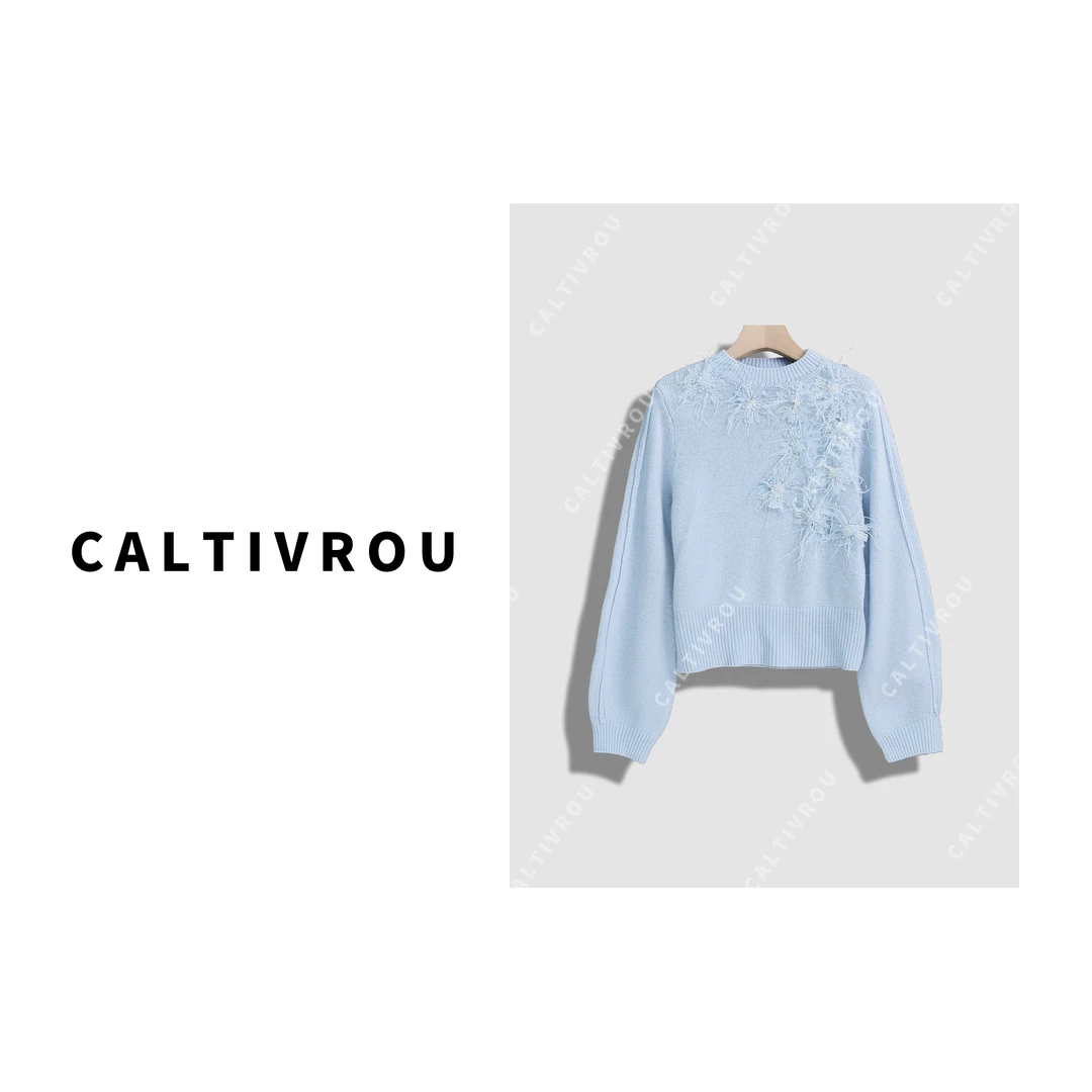 Caltivrou玫香凝露~秋冬时尚百搭花朵装饰针织衫-Y13904-X