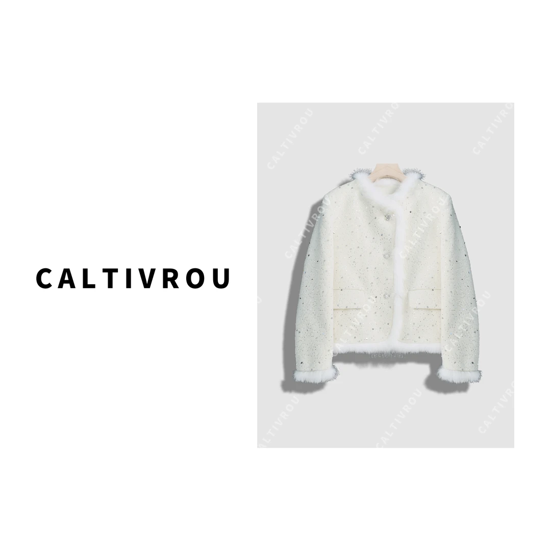 Caltivrou奥德利庄园~重工亮片钉珠百搭气质羽绒外套-Y14152