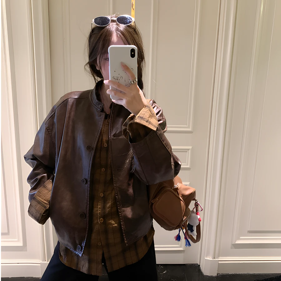 棕色pu皮衣短款外套女2025年秋季新款宽松美拉德穿搭休闲夹克套装