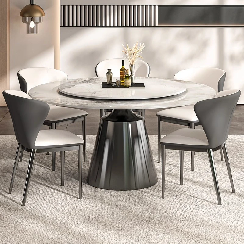 岩板圆餐桌家用高级感圆桌现代简约意式极简圆形餐桌椅组合带转盘