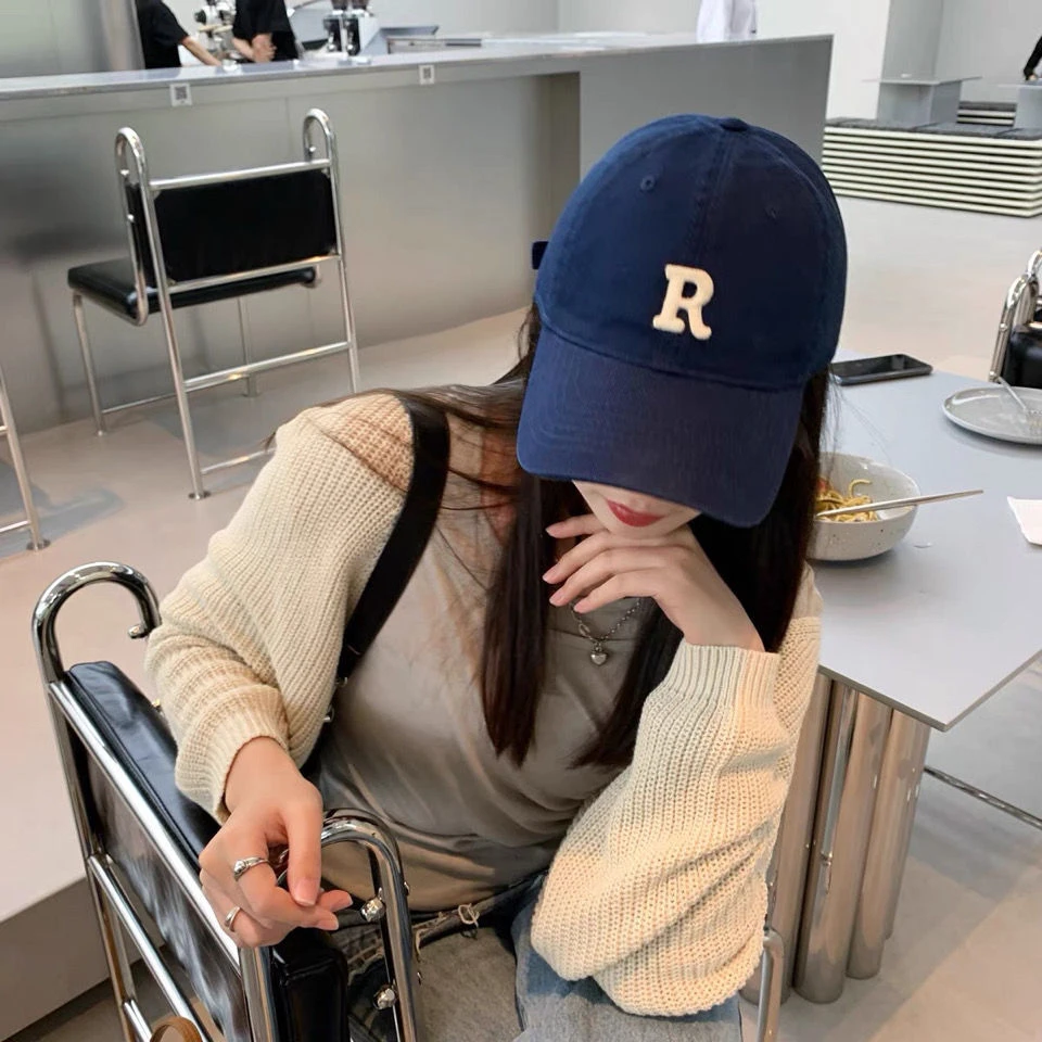 R字母黑色鸭舌帽子女夏季帽子百搭运动显脸小棒球帽防晒遮阳帽