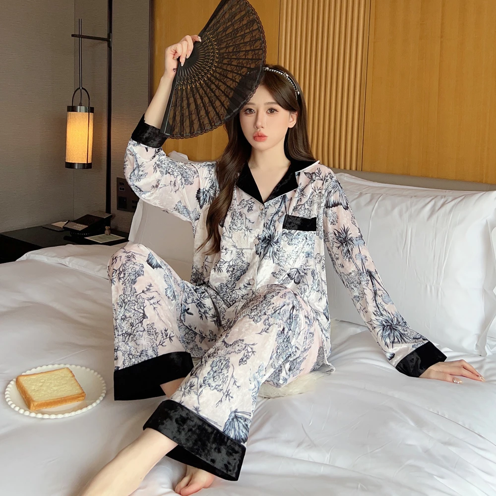 【金丝绒9032】韩版秋冬新款睡衣女气质时尚甜美可爱休闲家居服套装