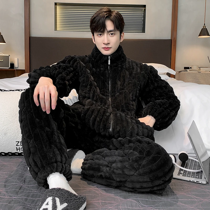 【夹棉BD-3-黑色】宽松男士睡衣冬季珊瑚绒三层加厚加绒套装家居服