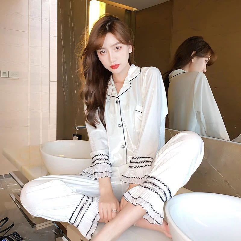 【金丝绒】大码睡衣女秋冬季提花宽松翻领开衫简约时尚家居服套装