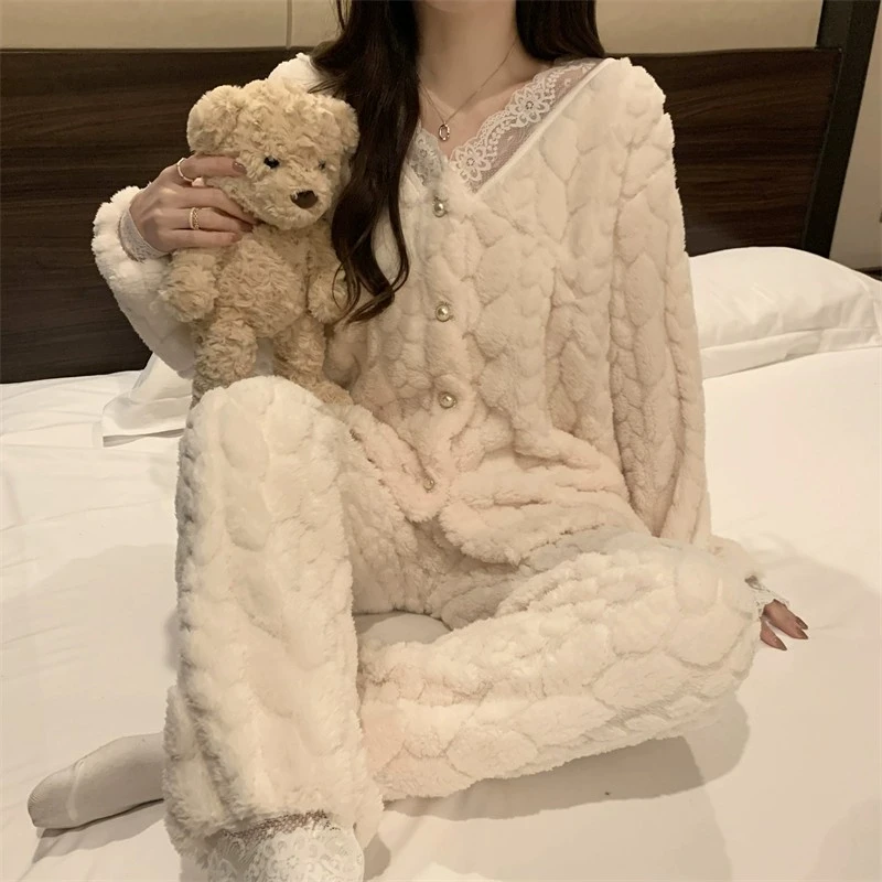 【法兰绒5011】提花绒花边小香风冬季开衫加厚睡衣套装加绒家居服