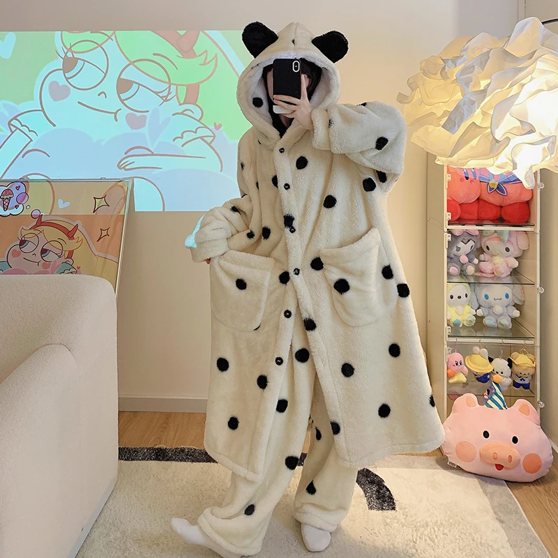 【绒-BR31】冬季波点睡衣女学生珊瑚绒连帽睡袍加绒长款家居服韩版