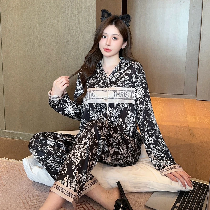 【冰雪丝2206】春季新品长袖奢华定制感人字纹冰雪丝休闲睡衣女套装