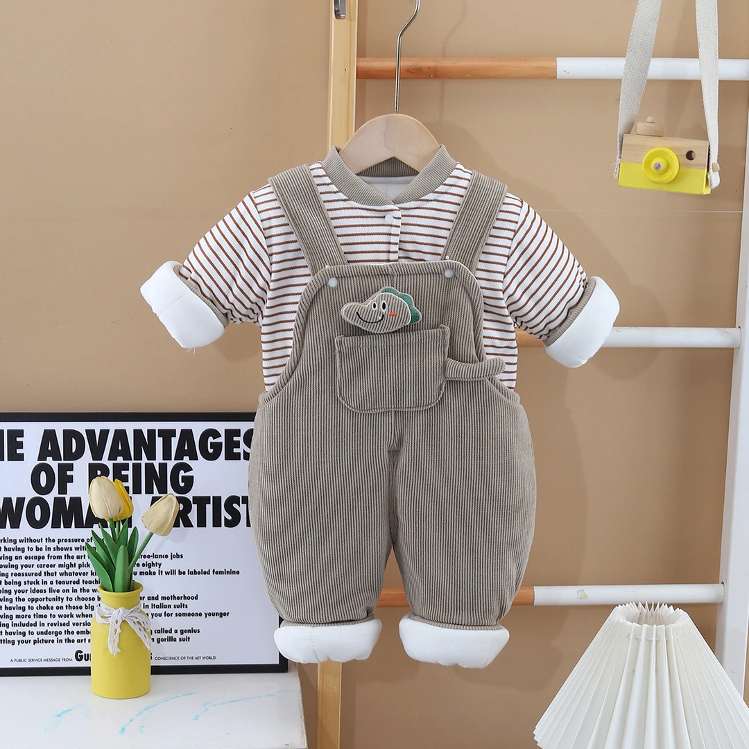 冬季加厚儿童棉花衣套装卡通可爱一件过冬男宝女宝背带裤两件套