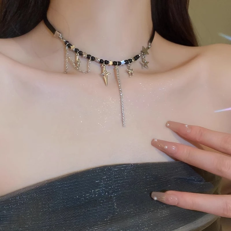 合金项链 甜酷黑色串珠星星流苏颈链设计项链女小众锁骨链choker