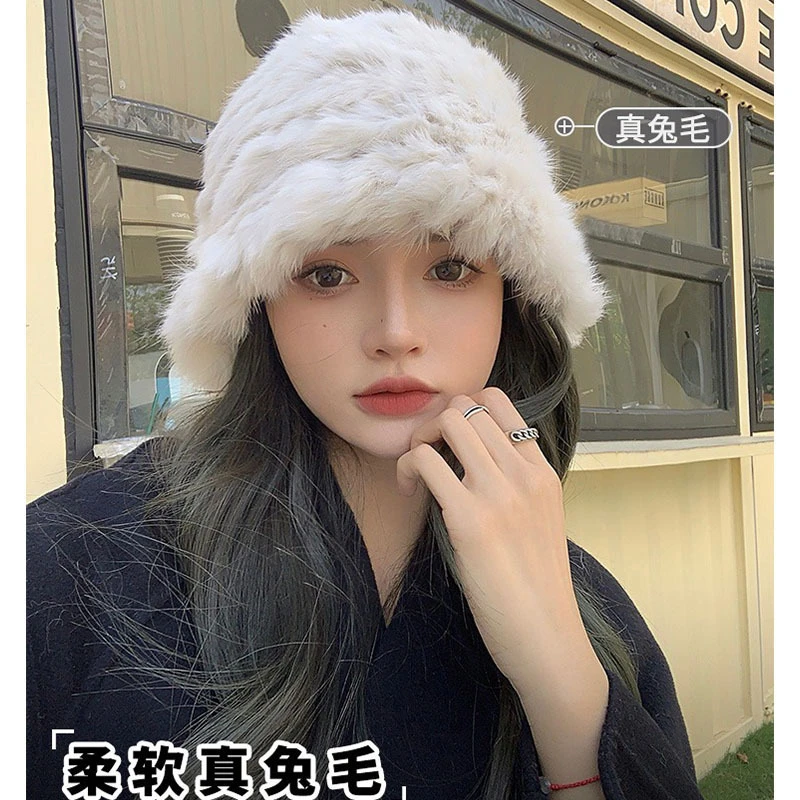 真兔毛白色毛绒帽子女冬天保暖显脸小护耳毛线帽网红针织渔夫帽