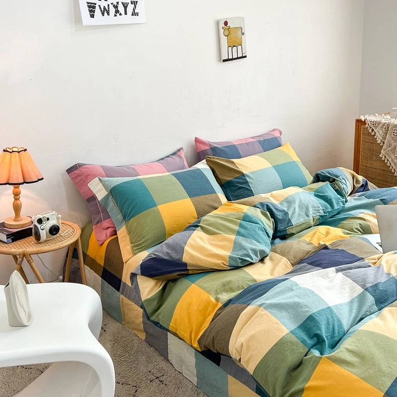 ins无印风全棉色织水洗棉四件套小格子学生宿舍纯棉民缩床上用品