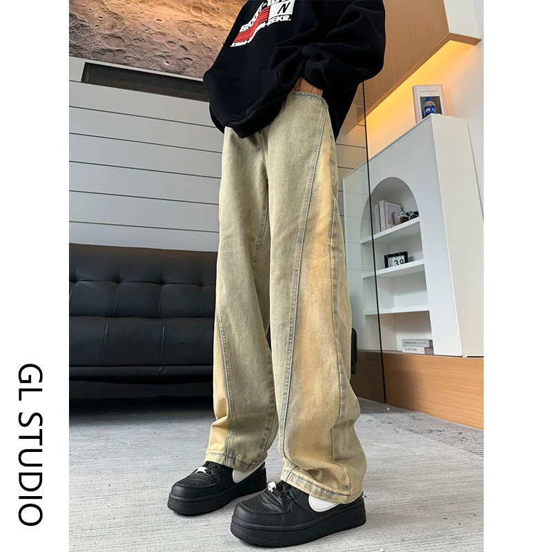 GKKRT美式拼接牛仔裤男高街秋冬新款微喇弯刀裤潮流痞帅设计裤子