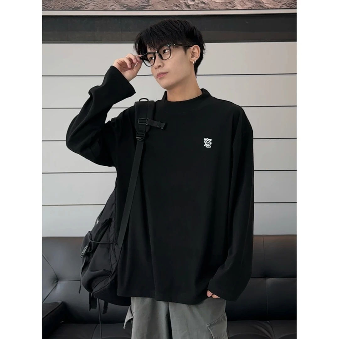 GKKRT刺绣德绒半高领打底衫男冬季保暖内搭长袖T恤高级感卫衣百搭